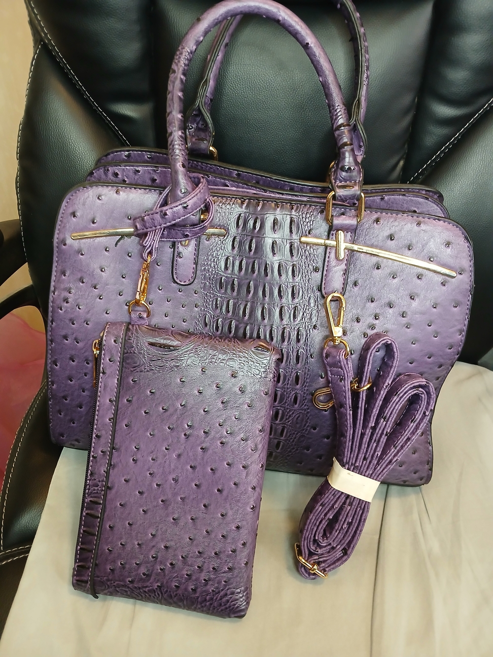 Dasein Purple Croc-Embossed Satchel Handbag with Wristlet and Long Strap